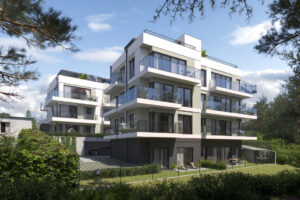 Widok główny przedstawiający luksusowe osiedle domów nad morzem